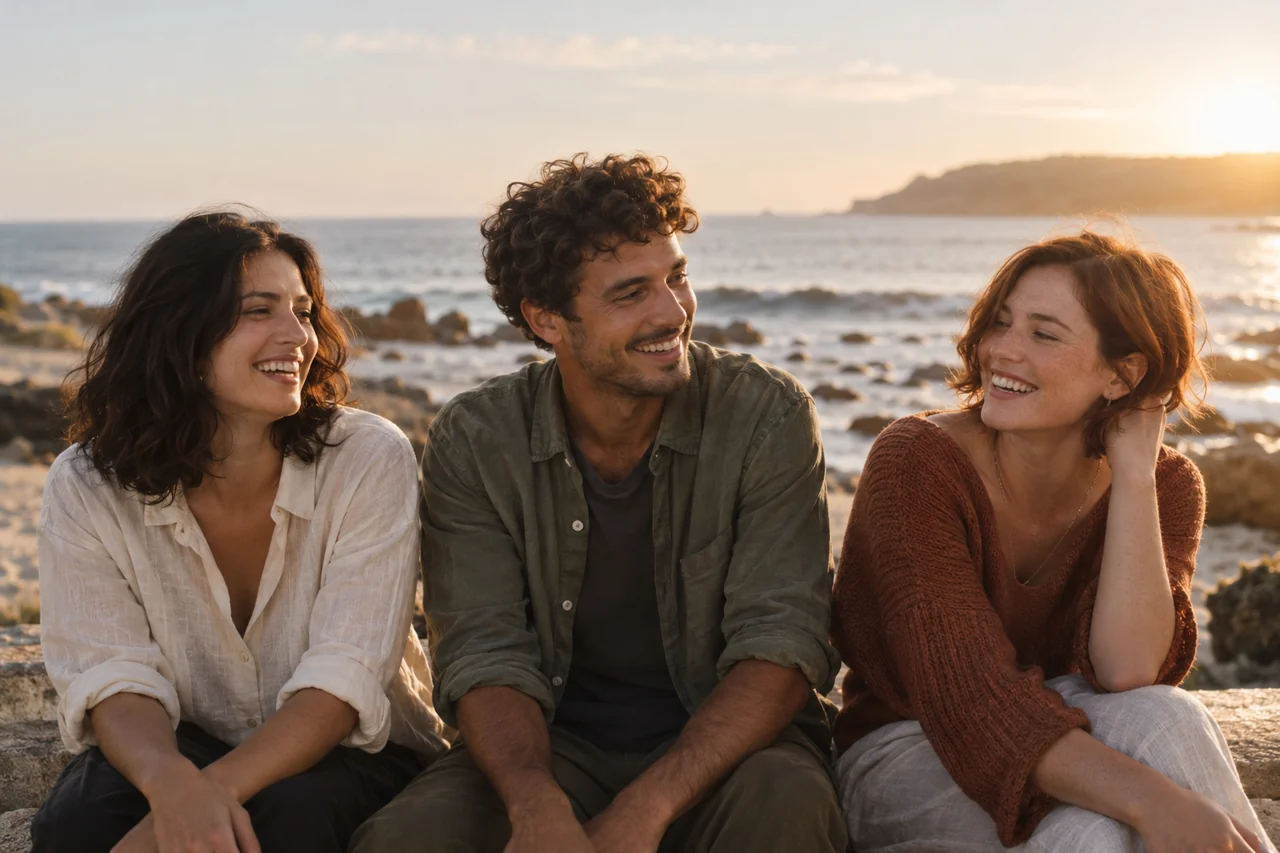 Fictional friends Maya, Jamie, and Sam laughing by the sea. AI-generated demo photograph.