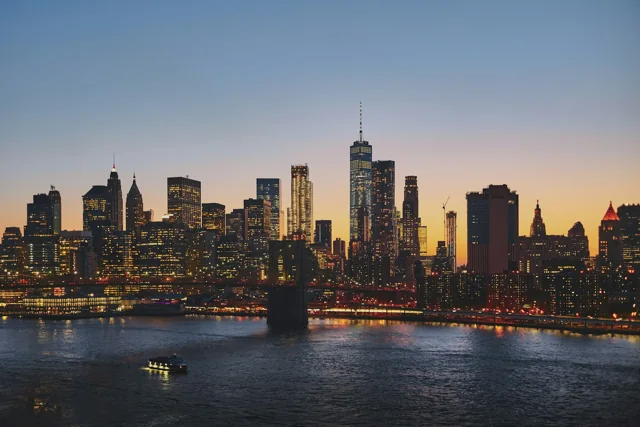 The Brooklyn Bridge and Manhattan at golden hour.